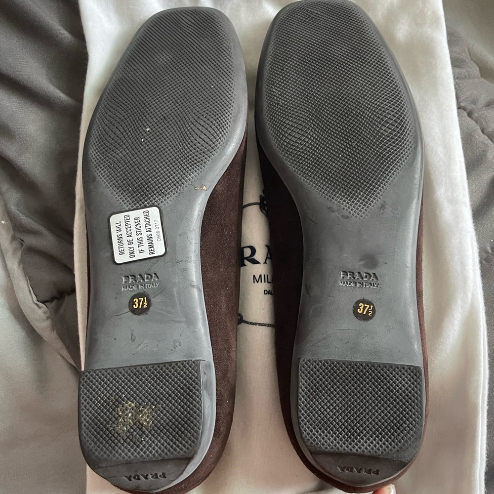 Prada Brown, Suede Leather & Logo Ballet Flats - Picture 2 of 4